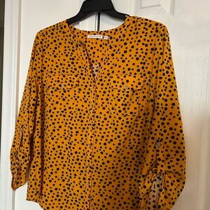 Notations Women's Mustard and Black Polka Dot Button-Front Shirt